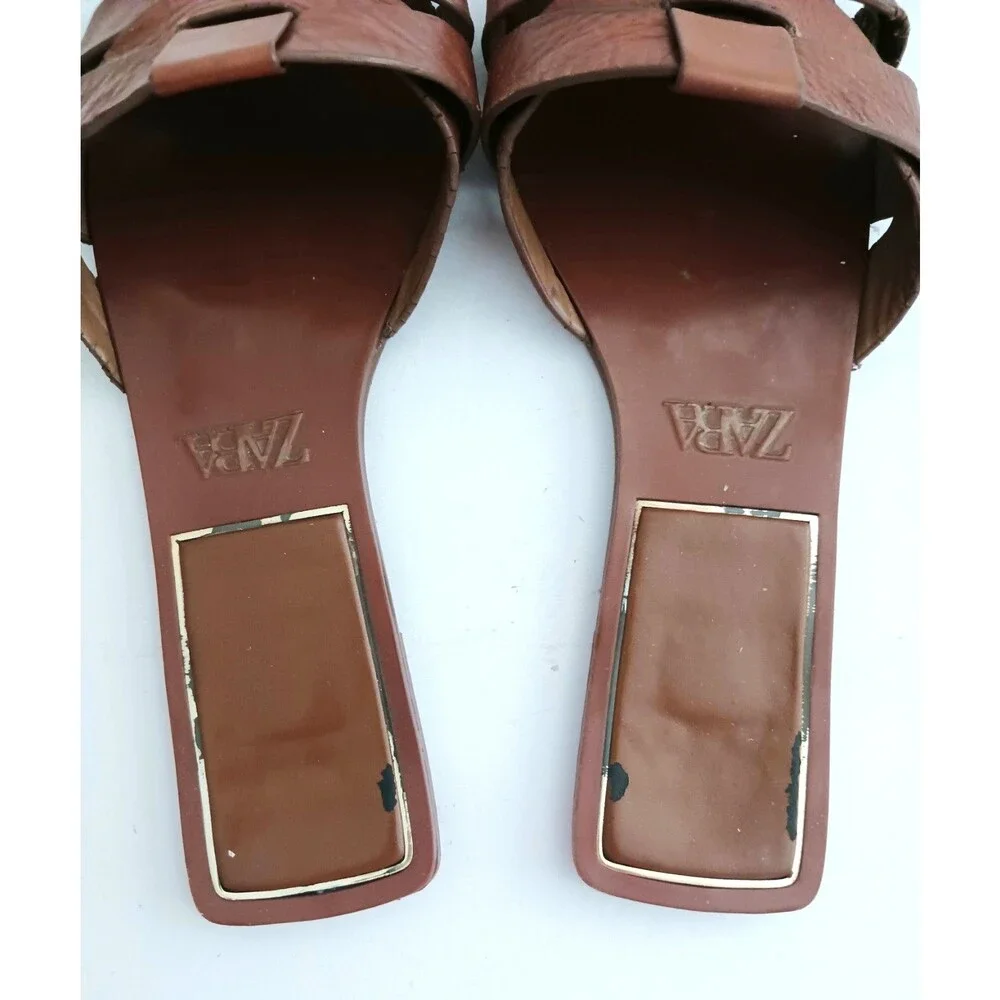 ZARA Brown Braided Leather Flat Slide Sandals EU 38 US 7-7.5 - Picture 5 of 10